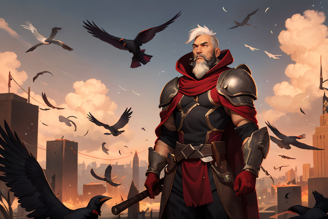 394559-1996099180-HEZI, LOL, ___(lol style___), game cg, bird, crow, 1boy, male focus, armor, solo, white hair, long hair, cloud, gloves, sky, fea.png
